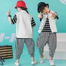 Kids Fashion Striped Hip Hop Clothing Running T Shirt Top Casual Harem Pants Waistcoat For Girls Boys Jazz Dance Costume Clothes Stage Wear