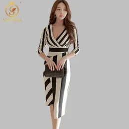 Moda Summer Sukienki Kobiety Sexy Eleganckie Biuro Lady Nosić do pracy Dress Business Dostacnia Stripe Party Dress 210520