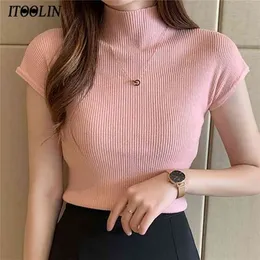 ITOOLIN T-shirt a collo alto da donna primavera T-shirt a maniche corte slim manica corta rosa estate femminile Streetwear T-shirt lavorate a maglia skinny 210406