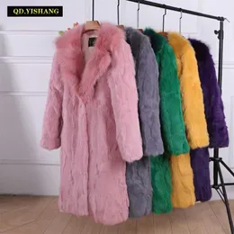 Winter Warm Women Real Rabbit Fur Coat Natural Long Raccoon Collar Sleeve Fashion Qd.yishang 211220