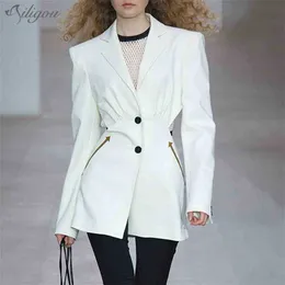 Summer Fashion Ladies Sexy Hollow Suit Jacket femminile con scollo a V a maniche lunghe a vita alta posteriore Split elegante cappotto 210525