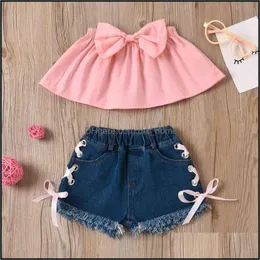 Clothing Sets Baby & Kids Baby, Maternity European And American Solid Bow Chest Top Strap Denim Shorts Two-Piece Set Sweet Wind Cute Girl 6M