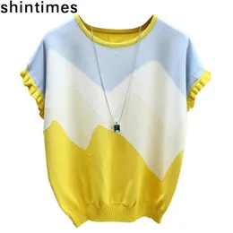 shintimes Tunn T-shirt Dam Stickad Sömnad Färg T-shirt Femme Sommar Lösa toppar Kvinna Kortärmad Casual T- Kvinna 210623