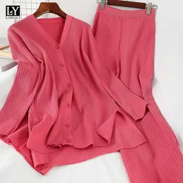 LY VAREY LIN Spring Autumn Women Casual Single Breasted Knitted V-Neck Top+ Long Loose Pants Female Sweater 2 Pieces Set 210526
