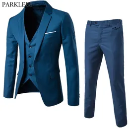 Męski niebieski przycisk 3 sztuki Garnitury Marka Slim Fit Business Grooming Mens Tuxedo Garnitur Blazer Kurtka Płaszcz + Spodnie + Waistcoat 210522