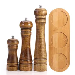 Wood Salt and Pepper Grinder Set with Optional Tray for Sea Pepper(5,8,10 inch) Strong Adjustable 210712