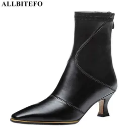 Allbetefo高品質のブランドハイヒールの女性ブーツ女性のための薄いかかとの足首のブーツのためのハイヒールの靴の女の子のブーツ210611