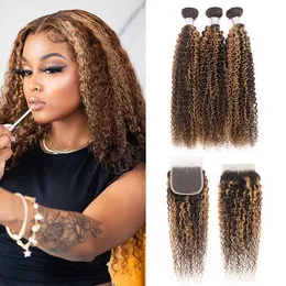 Ishow Highlight 4/27 Kinky Curly Human Hair Bundles Wefts With Closure Straight Body Wave Virgin Extensions 3/4pcs Colored Ombre Brown for Women 8-28inch