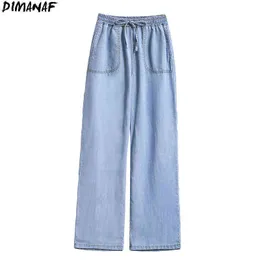 Dimanaf النساء الملابس الجينز السراويل الطويلة فضفاضة عالية الخصر الدنيم الحريم الإناث مرونة حزام الساق واسع السراويل الزرقاء الحجم 211129