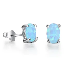 Stud Elgant 925 Sterling Silver Four-Claw Oval Blue Opal Ring For Women Anniversary Wedding Gift Fine Jewelry