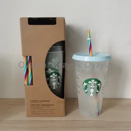 24oz / 710ml Starbucks Rainbow Plast Tumbler Återanvändbar Klart Drickande Platt Bottom Cup Pillar Shape Lid Straw Mug Bardian L1