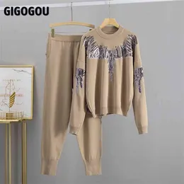 GIGOGOU Luxury Sequined Knit Women Sweater Tracksuits Oversized Pullover Sweaters 2 Pieces Harem Pant Sets Women Outfits 210918