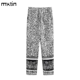 Mxtin 2021 kvinnor våren mode casual print raka byxor vintage höga midja fickor kontor dam kvinnlig fotled byxor mujer q0801