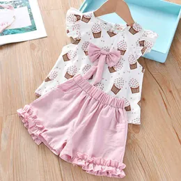 Summer Children's Clothes Flying Sleeve Printed Bowknot Top + Shorts Cute Girl Set Toddler Baby 2 Pieces 210515