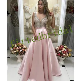 Scollo a V profondo con perline Cristalli Prom 2019 Abiti da sera senza maniche in raso rosa scuro Abiti da cerimonia convenzionali Abiti Plus Size 328 328