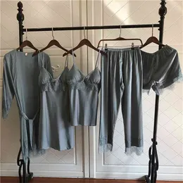 Mechcitiz 5 sztuk Silk Piżamy Zestawy Kobiety Satin Sleepwear Szata Spodnie Jesień Pijamas Szlafrok Seksowna Bielizna Koronki Zimowe Piżamy 210830