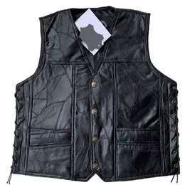 Solid Leather Mens Kamizelka Steampunk Motobiker Cosplay Męskie Kamizelki Kamizelki Bandaż Hip Hop Vest Streetwear Przystojny Gilet 210524