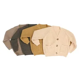 Cittgeett Jesień 1-5 lata Moda Baby Dzieci Scargon Dzianiny Sweter Casual Solid Cotton Top V-Neck Swetry Płaszcz 211204