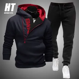 Men Tracksuit Casual 2 Pieces Sets Zipper Sweatshirt Hooded+Sweatpants Print Sportswear Mens Clothes Solid Jogger Sport Suit 4XL 210916