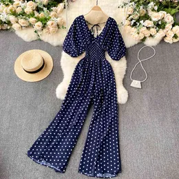 SINGREINY Women Polka Dot Rompers Korean V Neck Backless Puff Sleeve Jumpsuits Summer Chic Elastic Ruched Wide Leg Rompers 210419