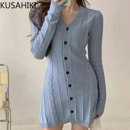 KUSAHIKI Korean V-neck Knitted Dresses Spring 2021 New Women Sweater Dress Single Breasted Long Sleeve Slim Waist Vestido 6E536 Y1204