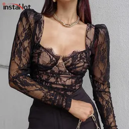 InstaHot Lace Women T shirt Elegant Vintage Long Sleeve Transparent Slim Party Streetwear Crop Top 2021 Autumn Fashion Tshirt X0628