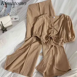 Kimutomo Frauen Sets Sommer Schlanke Taille Kurze V-ausschnitt Puff Sleeve Solide Top + Unregelmäßige Ausgestellte Split Hosen Zwei-stück anzug Weibliche 210521