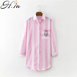 H.Sa Kobiety Długi Blusas Pink White Paski Bluzki Feminino Cartoon Haft Rękaw Bluzyki Koszulka FEMME 210417