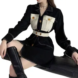 Kobiety Szycie Turndown Collar Slim Kieszonkowy Pasek A-Line Długa koszula C3005 210514
