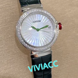 유명한 여성 기하학 가죽 크리스탈 다이아몬드 베젤 시계 스테인레스 스틸 쿼츠 시계 진주 쉘 시계 33mm의 어머니