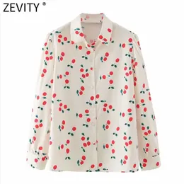 Zevity Women Sweet Cherry Print Casual Smock Blouse Office Ladies Pleat Puff Sleeve Buckles Shirt Chic Blusas Tops LS9144 210603