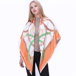 POBING 100% Silk Scarf Designer Kerchief Belt Print Women Square Scarves&Wraps Spain Chain Pattern Lady Foulard Accessory