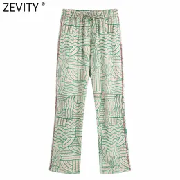 Zevity Frauen Vintage Geometrische Druck Flare Hosen Pantalones Mujer Weibliche Chic Elastische Taille Lace Up Casual Lange Hosen P1166 210915