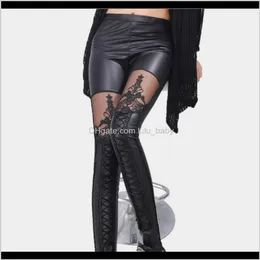 طماق شديدة الجوارب النسائية ملابس الملابس legins Legins Punk Gothic Fashion Leggings Sexy Pu Leather Leather Stitching Embroidery Hollow Lace