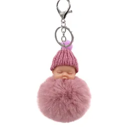 Słodkie Sleeping Baby Doll Kluczowe Łańcuchy Dla Kobiet Torba Zabawka Keyring Fluffy Pom Faux Futro Pluszowe Breloki