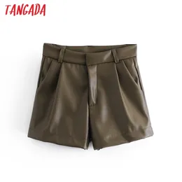 Tangada Kvinnor Elegant Fast Faux Läder Shorts Kvinna Retro Casual Pantalones QN38 210719