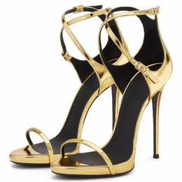 Sandals 2022 Woman Style Celebrity Metallic Gold Stiletto Heel Summer Hollow Ankle Buckle Strap High Heels Shoes