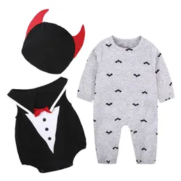 Halloween Costumes Baby 3PCS Clothes Suits Newborn Tuxedo Rompers Caps Vest Clothing Sets Boys Outfit Infant Jumpsuits Cotton 210413