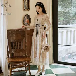 YOSIMI Beige Long Women Dress Summer Sleeve V-neck Voile Ankle-Length Lace Sashes Empire Evening Party Ladies 210604