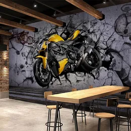 사용자 정의 벽화 벽지 3D 스테레오 노란 오토바이 멋진 깨진 벽 레트로 패션 레스토랑 카페 배경 벽지