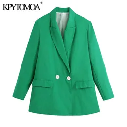 KPytomoa Mulheres Moda Dupla Breasted Breasted Blazer Casaco Vintage Manga Longa Flap Bolsos Feminino Outerwear Chic Veste 210930