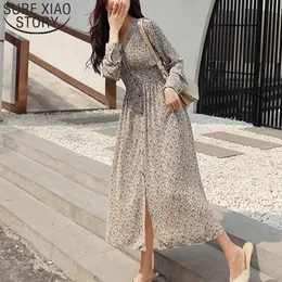 Eleganckie kobiety Sukienka Z Długim Rękawem V-Neck Dot Szyfonowy Przycisk A-Line Empire ES Moda Koreański Vintage 8560 50 210508