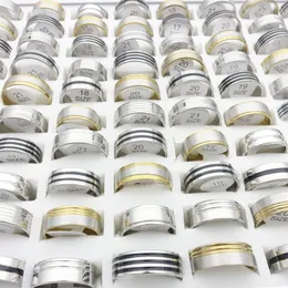 Wholesale 100PCs/Lot Stainless Steel Band Rings Black Gold Silver Striped Patterns Mix Styles Fashion Jewelry Party Gift