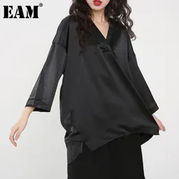 [EAM] Mulheres Preto Breve Assimétrico Tamanho Grande Camiseta Longa Com Decote Em V Manga Três Quartos Moda Primavera Outono JK98701 21512