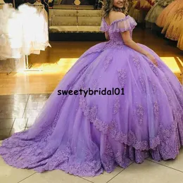 라벤더 Quinceanera 드레스 레이스 Applique Corst Sweet 16 Dress Off 어깨 2021 Vestidos De 15 Años Prom 가운