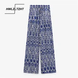 Hwlzltzht Женщины Широкие брюки ноги устанавливают синий принт с высокой талией брюки лето 2021 старинные уличные брюки женские брюки костюмы Q0801