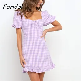 Foridol Lila Plaid Print Sommer Strand Kleid Frauen Kurzarm Kurze Mini Sommerkleid Vintage Kleid Urlaub Harajuku Kleid 210415