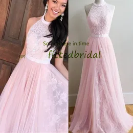 Mode halter rosa prom klänningar unga tjejer elegant spets ärmlös sexig robe de soirée meiage