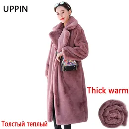 Cappotto di pelliccia di coniglio finto di alta qualità delle donne di inverno di lusso lungo risvolto allentato sopra spesso caldo Plus Size peluche femminile s 211018