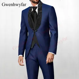 Gwenhwyfar niestandardowe przyciski Design Wzór Kołnierz Groom Mężczyźni Garnitury Wedding Party Najlepszy Mężczyzna Tuxedos Navy Burgundii Zielony Żółty Czarny X0909